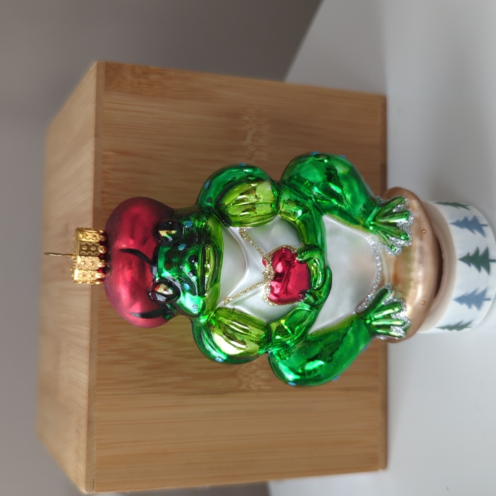 LIKE NEW blown-glass frog prince Christmas ornament